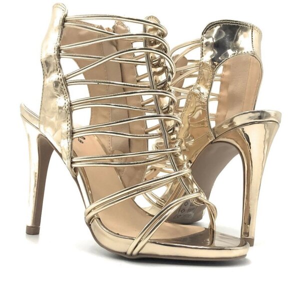 Qupid JEALOUS-18 Multi-Straps Heel Dress Sandals Champagne Shiny Metallic Size 7 - Picture 1 of 10